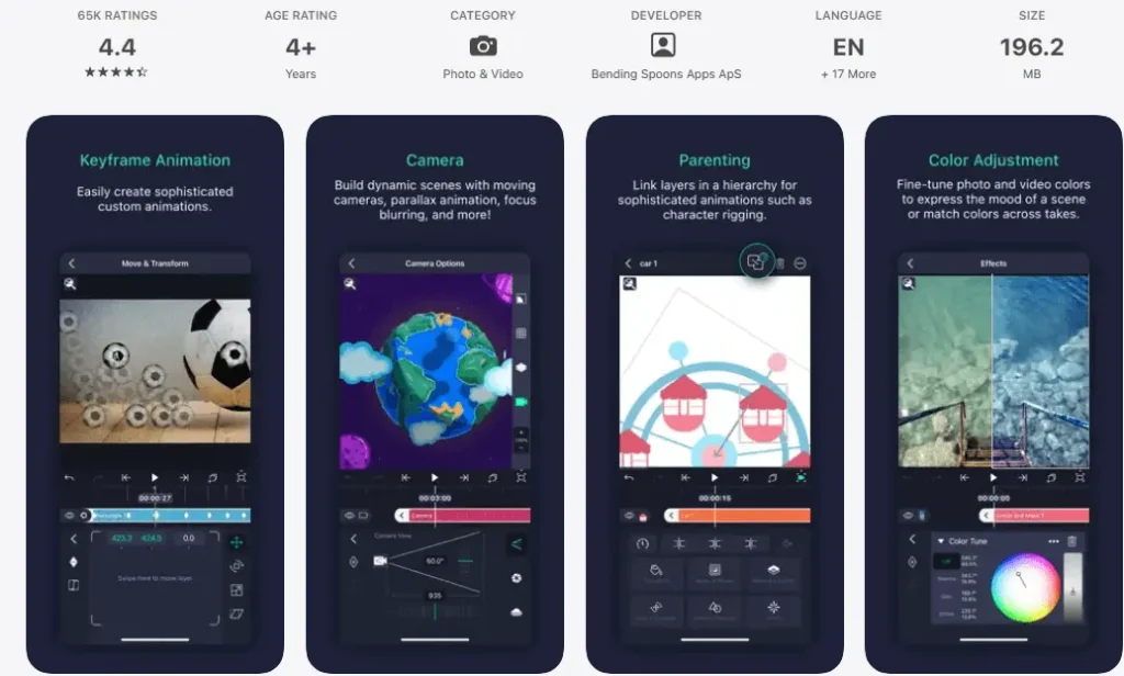 Alight Motion app store app information with Screenshots.webp