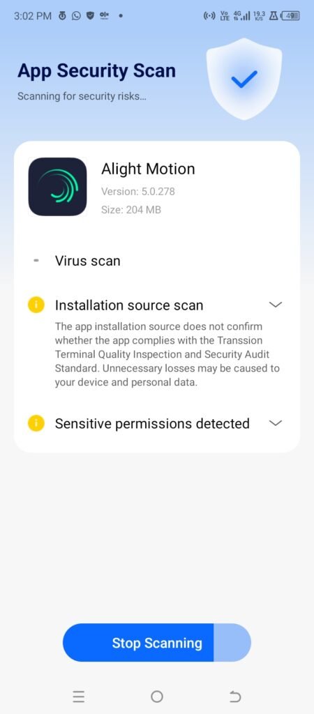 alight motion 5.0.278 mod apk image, installed and scanning for virus.image