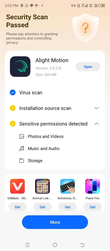 Alight Motion MOD APK passes TECNO Security Scan virus check